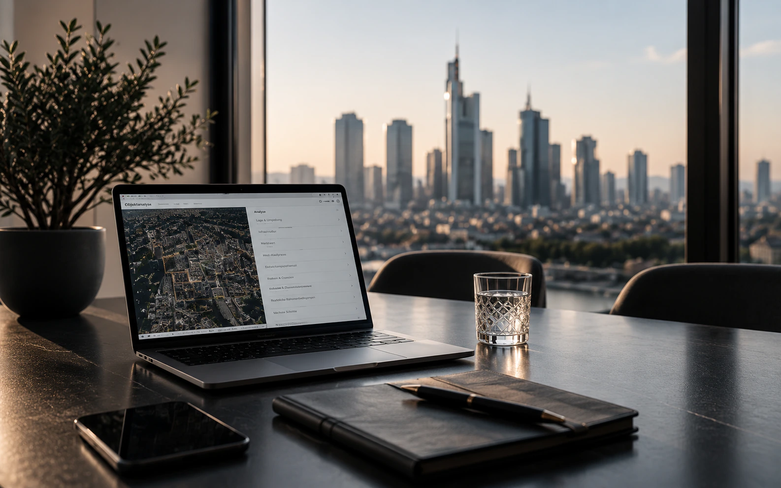 Laptop und Grundriss auf einem Schreibtisch am Fenster mit Blick über die Stadt