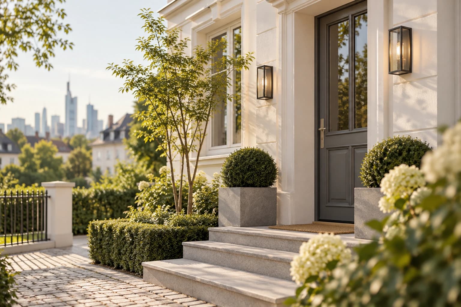 Freistehende Villa mit Garten im Abendlicht